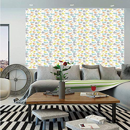 Baby Removable Wall Mural,Kitty in Soft Toned Kids Nursery Love Cats Childish Happy Cartoon Decorative,Self-Adhesive Large Wallpaper for Home Decor 66x96 inches,Peach Pale Green and Blue Grey - Thumbnail 6