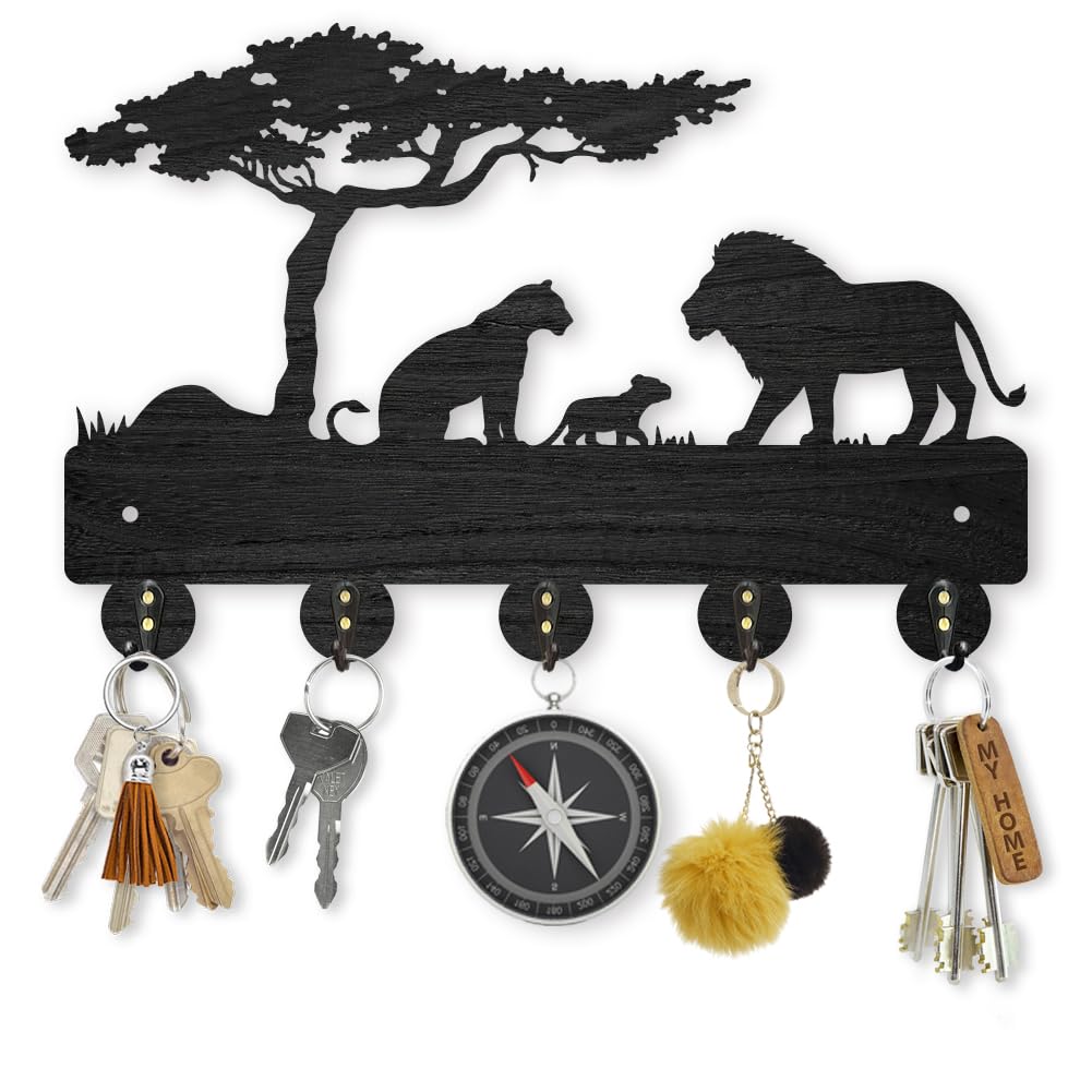 Photo 1 of MAYJOYDIY Lion Prairie Tree Wooden Key Hooks Wall Mounted 11.8x7.9inch 5 Alloy Hooks Family Key Hanger Wildlife Animal Wall Art Decor Gift
