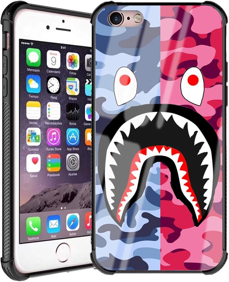 iPhone 6s Plus Case, Street Fashion iPhone 6 Plus Luxury Cool for Boys Girls Slim Fit Tempered Glass Cover with Soft Silicone TPU Shockproof Bumper Case for iPhone 6s Plus/6 Plus (Pink Blue Shark)