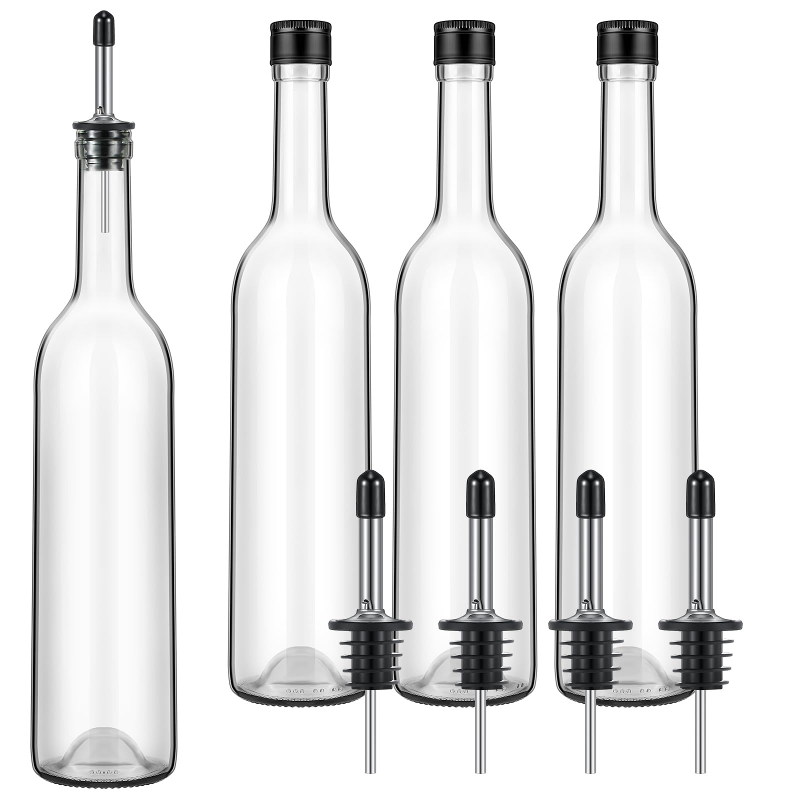 Photo 1 of Maxdot 4 Pcs Long Neck Bottle with Pourer 750ml Glass Liquor Bottle juice Pour Bottles Syrup Bottles Glass for Home Wine Liquor Juice Making Wedding Anniversary Party (Stainless)
