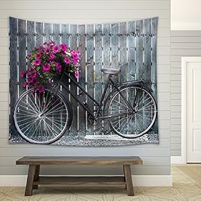 Old Vintage Bicycle with Flower Basket - Fabric Wall Tapestry Home Decor - 51x60 inches