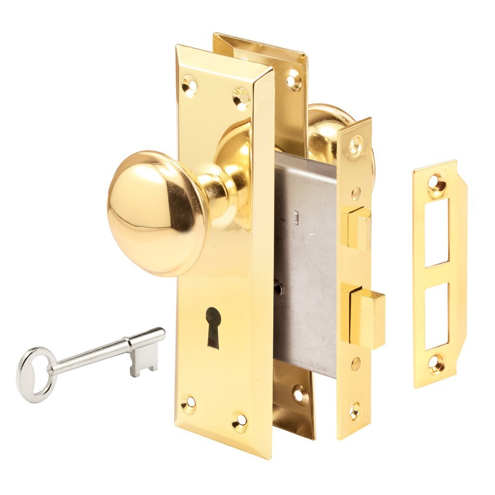 Prime-Line Defender Security E 2293 Mortise Lock Set, 2-3/8 in. Backset, Case Hardened Steel, Polished Brass, Reversible (Single Pack) — image 1