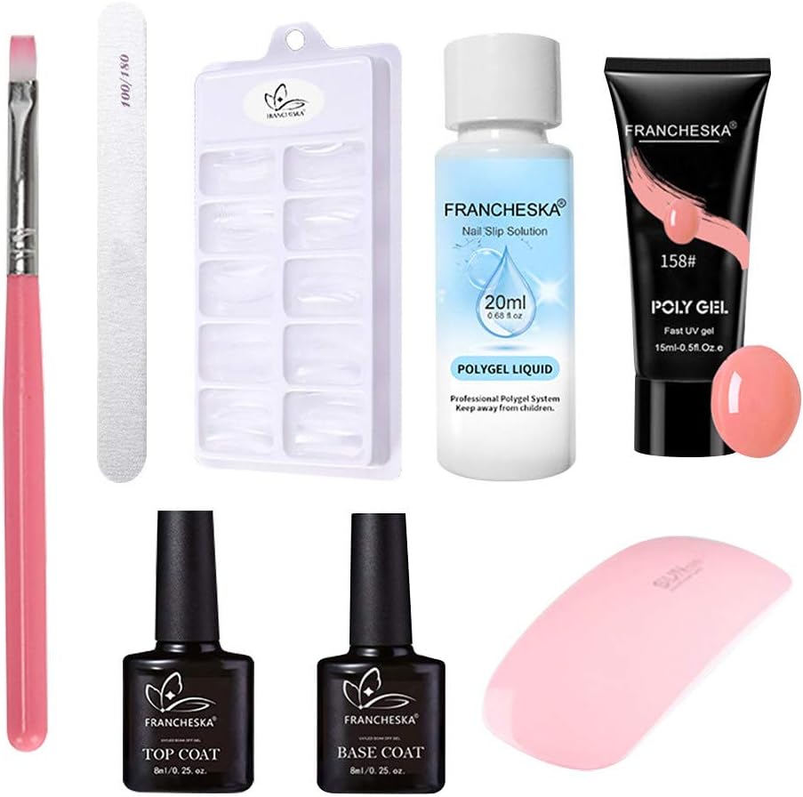 LLguz Crystal Nail Extension Polish Gel Art Manicure Supplies Kit,Include Fingernail Poly Solution Gel Top Base Coat Nail File Brush Polygel Liquid And Nails Lamp