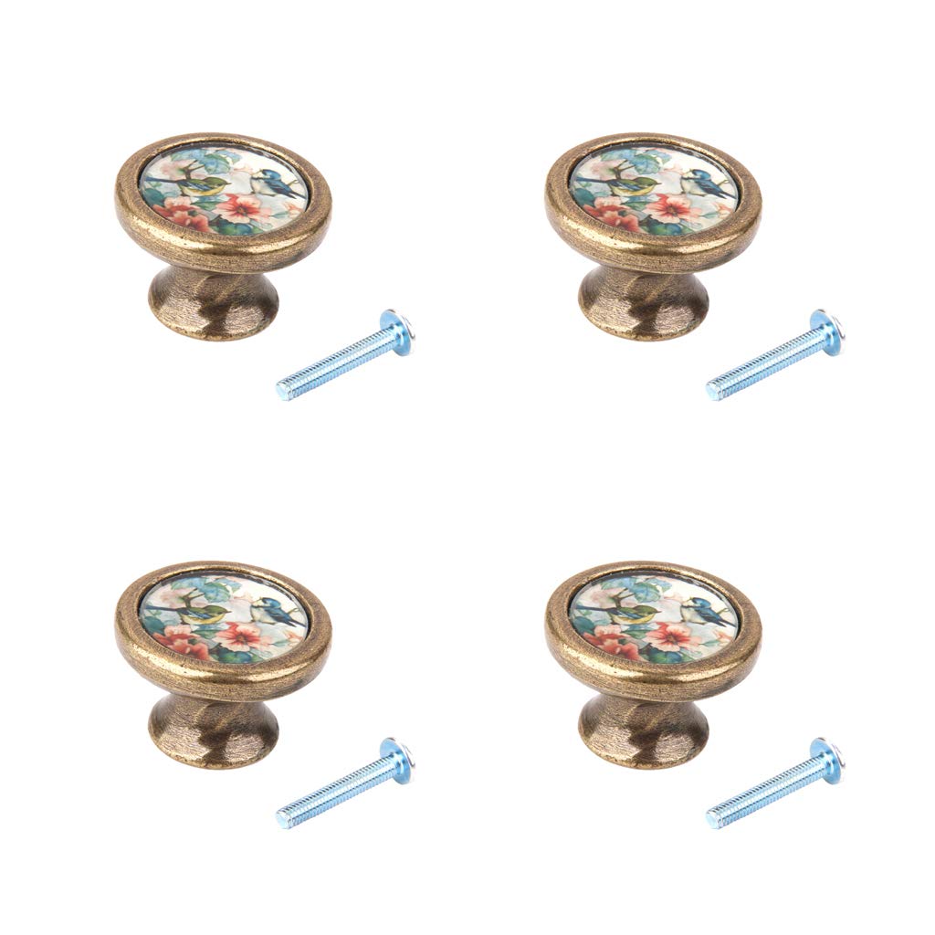 LOVIVER 4Packs Bird Flower Pattern Door Knobs and Pulls for Kitchen Cupboard and Drawer