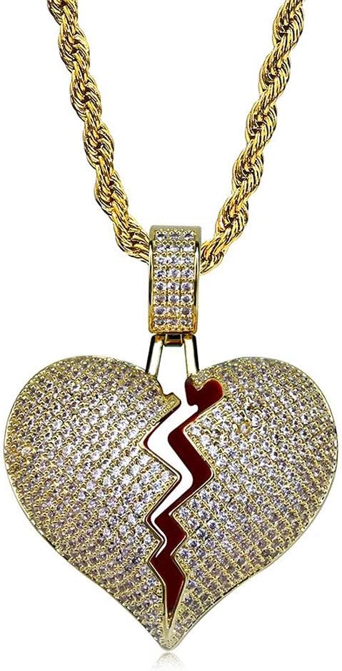 Iced-Out Chain Necklace for Men or Women Hip Hop Jewelry 18K Gold Plated CZ Fully Bling Bubble Broken Heart Pendant Necklace Chain