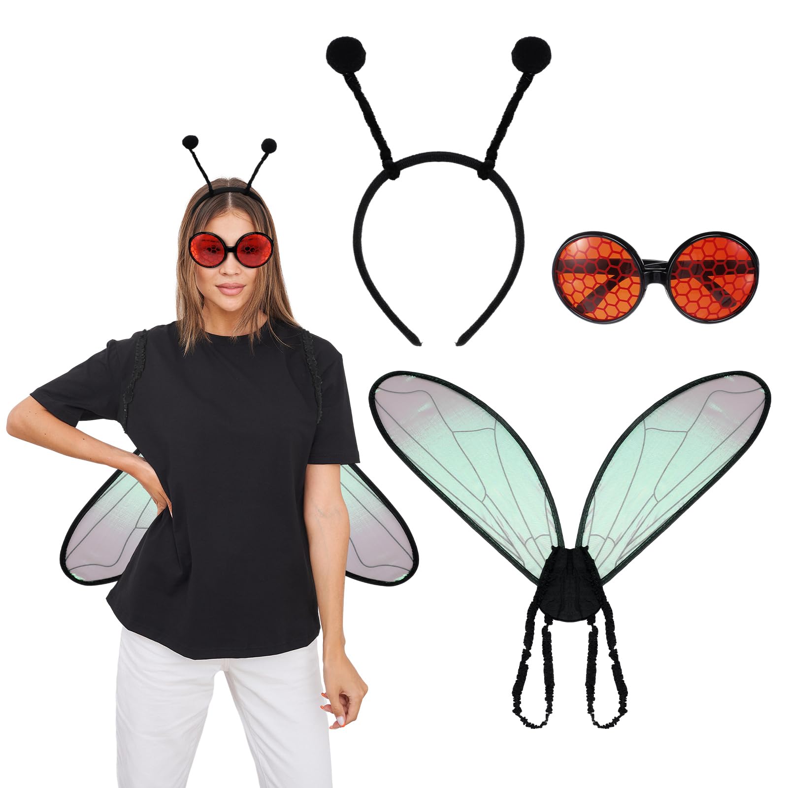 Photo 1 of Motionchic Halloween Cicada Wings Costume Set for Adults Bug Costume with 23.62 x 17.72 Inches Cicada Wings Antenna Headband and Red Bug Sunglasses Accessories Halloween Fly Costumes for Men Women