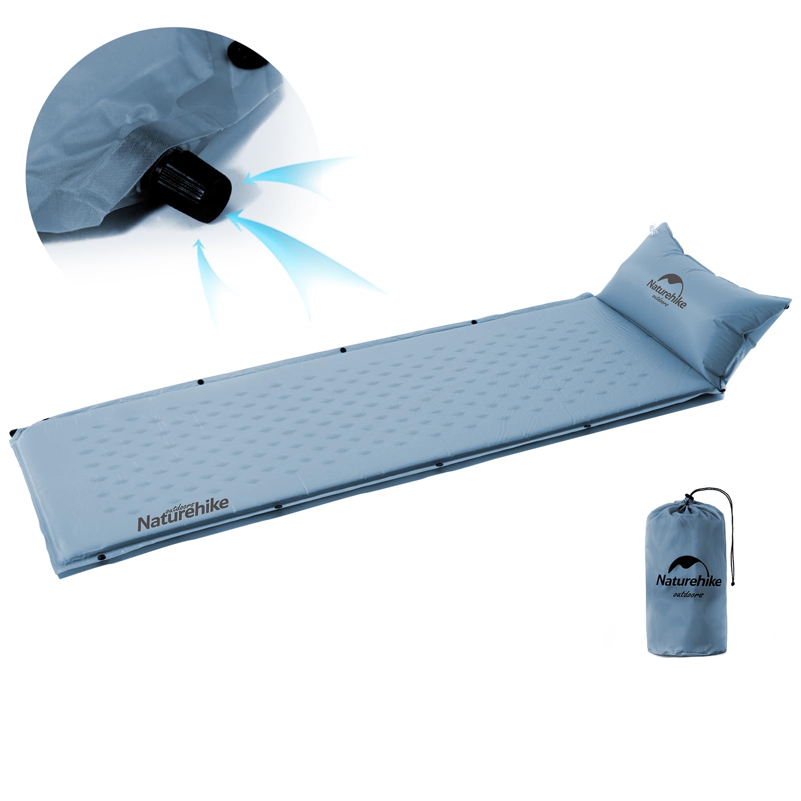 Photo 1 of Naturehike Self-Inflating Sleeping Pad, Ultralight Memory Foam Camping Pad with Pillow, Fast Inflating, Patchwork Sleeping Pad for Camping, Hiking, RV Camping, with Storage Bag, Single, Graphite Blue