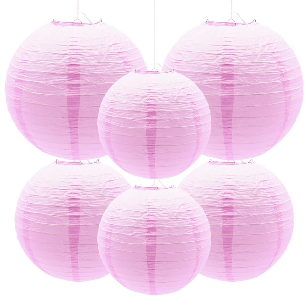 Yosawa 6 Pcs Paper Lanterns Decorative Round Paper Lantern Hanging Paper Lanterns for Party, Classroom, Wedding, Halloween,Christmas,Home Decoration （ 8”10” 12”/Pink）
