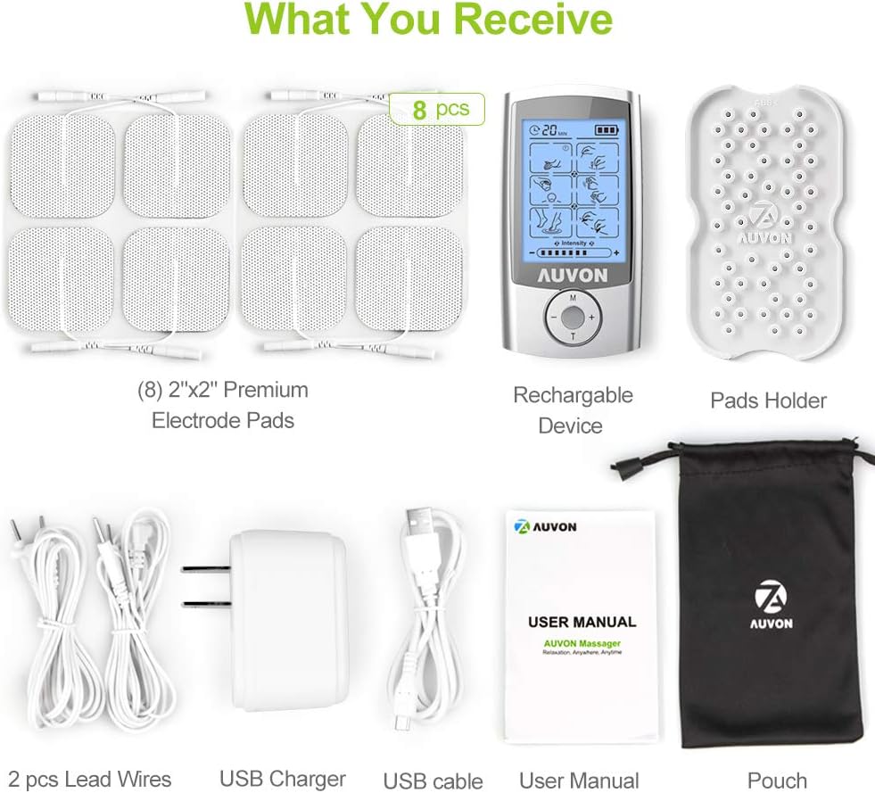 AUVON Rechargeable TENS Unit Muscle Stimulator, 3rd Gen 16 Modes TENS Machine with 8pcs 2"x2" Premium Electrode Pads (American Gel) for Pain Relief: Health & Personal Care