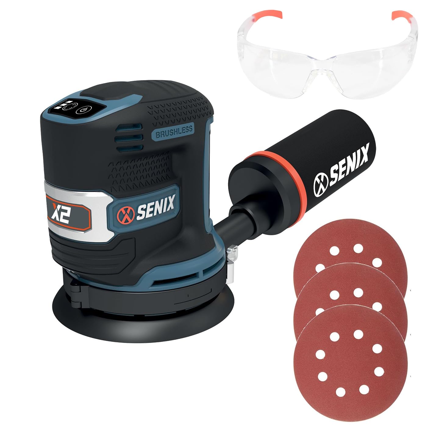 Photo 1 of SENIX 20V Random Orbit Sander,5 Inch Power Palm Electric with 3 Speed Modes,Dust Collection Bag,3 Pcs Sandpaper Sheets for Woodworking w/Safety Glasses(Tool Only,No Battery)