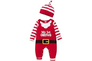 LouVasabuce Toddler Baby Girl Boy My First Christmas Outfits Long Sleeve Romper Santa Claus Bodysuit with Hat Set 2Pcs