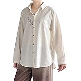 FTCayanz Women's Long Sleeve Shirts Cotton Linen Button Down Blouses Boho Embroidered Tunic Tops