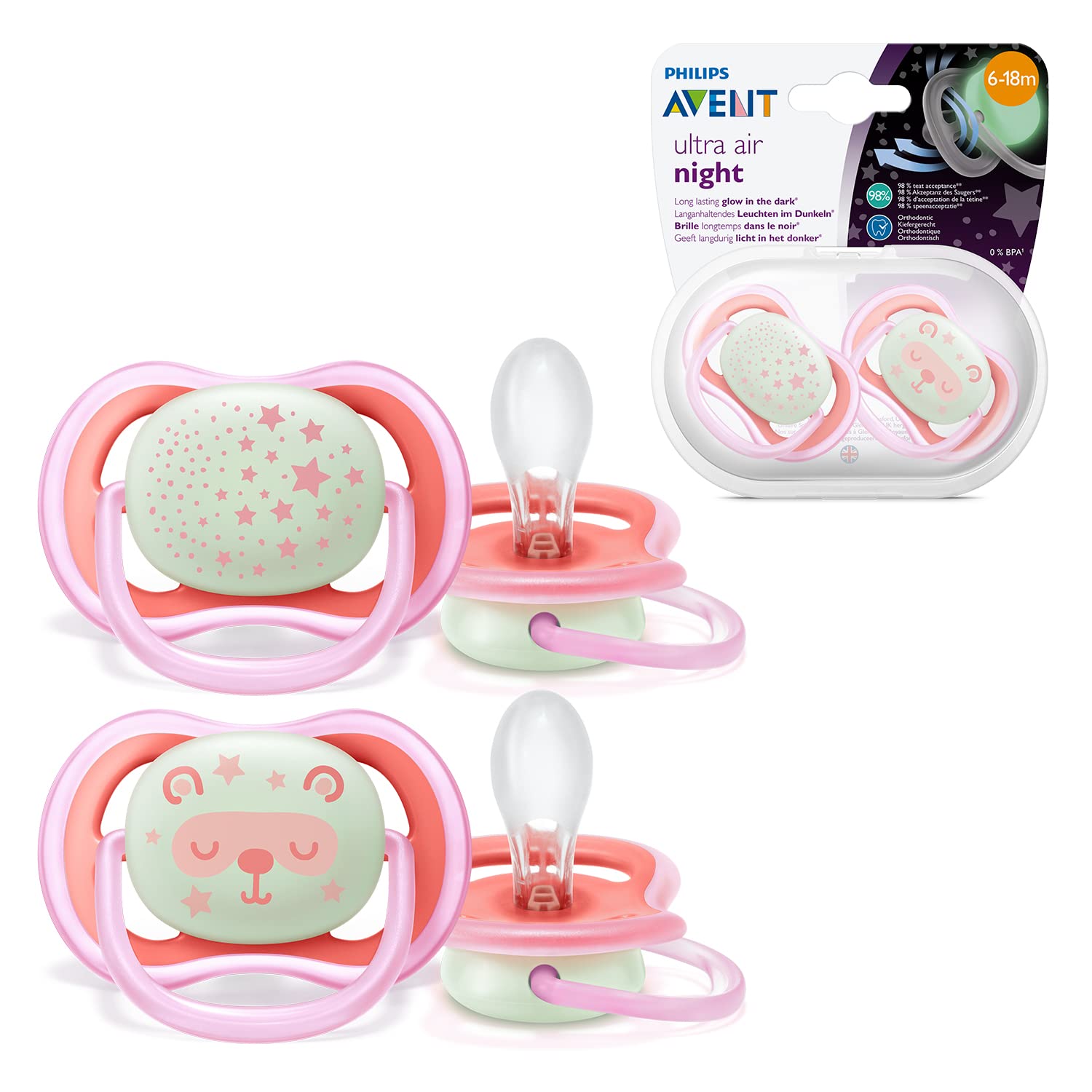 Philips Avent Soothers, 6-18m Ultra Air Night Soother with Glow-in-the-Dark Button, Star/Bear Design, Pink (Pack of 2) - SCF376/22