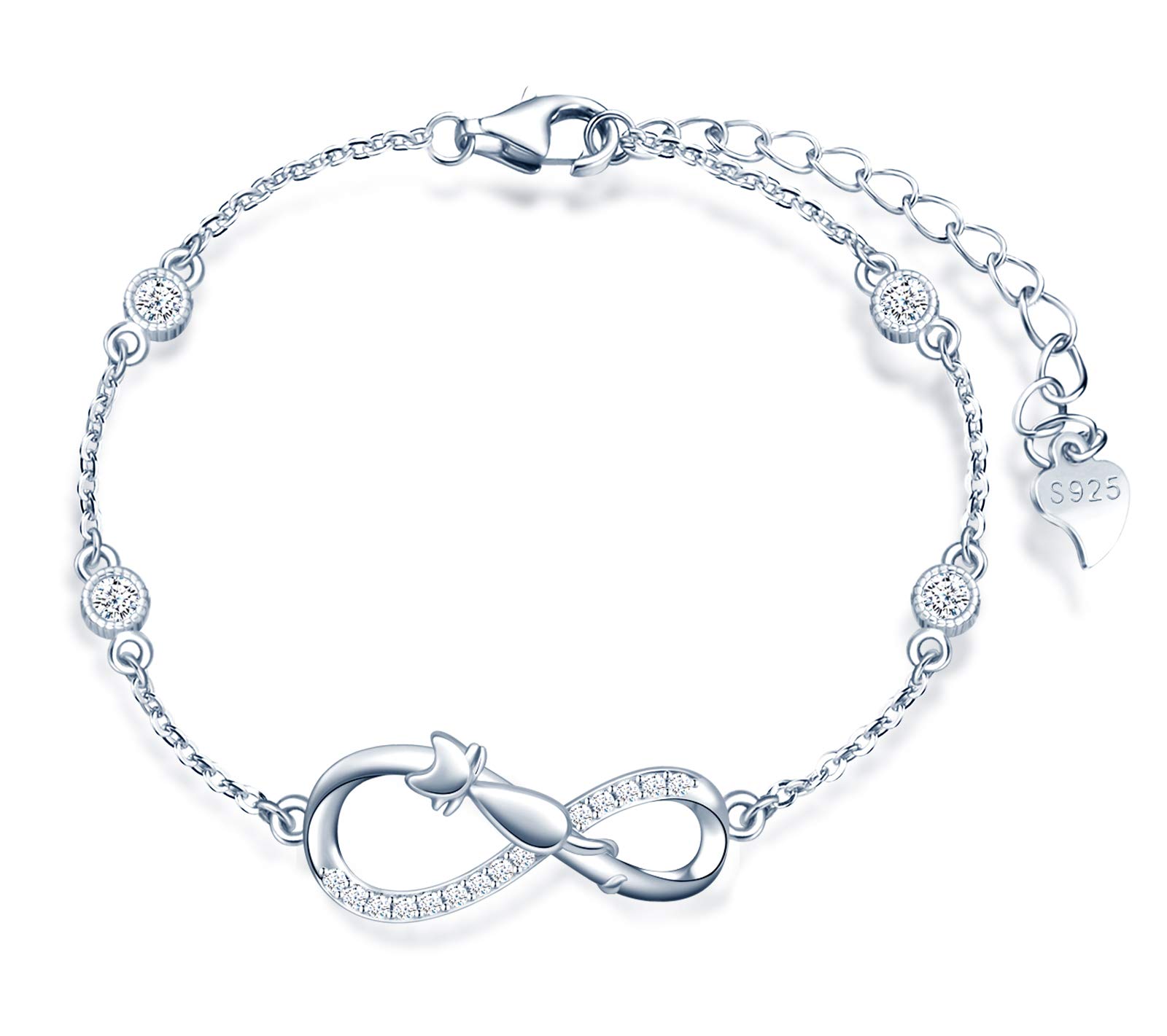 MicLee Woman's girl's Bracelet, 925 Sterling Silver bracelet, Cat and infinity symbol bracelet, Inlaid with zircon, adjustable chain, Unique design animal bracelet, silver