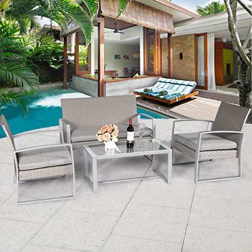Cloud Mountain Outdoor 4 PC Rattan Wicker Patio Furniture Set Cushioned Conversation Love Seat S ...