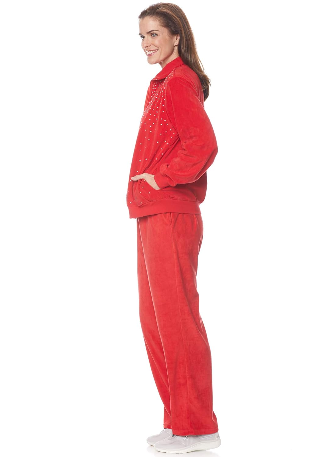 AmeriMark Womens Velour Pantset with Rhinstone Zip Jacket and Lounge Pants