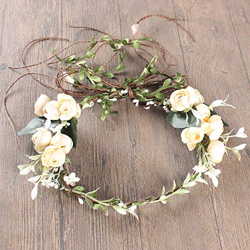 Flower Crown Headband Rose Wreath Garland Hair Bands Floral Wedding Bridal Hair Hoop Women Ladies Leaf Vine Party Decoration Headdress Headwear Christmas Handmade Headpiece Hair Accessories White