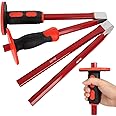 RHBLME 4PCS Masonry Chisel with Hand Protection, 12 Inch Heavy Duty Chisel Set - 2 PCS Flat Head Chisel & 2 PCS Pointed Head Chisel - Used for Concrete Stone Demolishing Carving Splitting Breaking