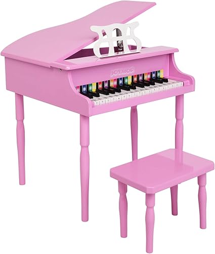 Amazon.com: JOYMOR - Piano clásico para niños, de madera de 30 quilates, gran piano para bebés, piano de bebé, instrumento musical con banco, soporte de música y libro de canciones, color rosa: