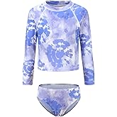 Girls Two Piece Rash Guard Swimsuits Set Long Sleeve Tie Dye Bathing Suit for Kids Hawaiian Swimwear Set 3-16 Years