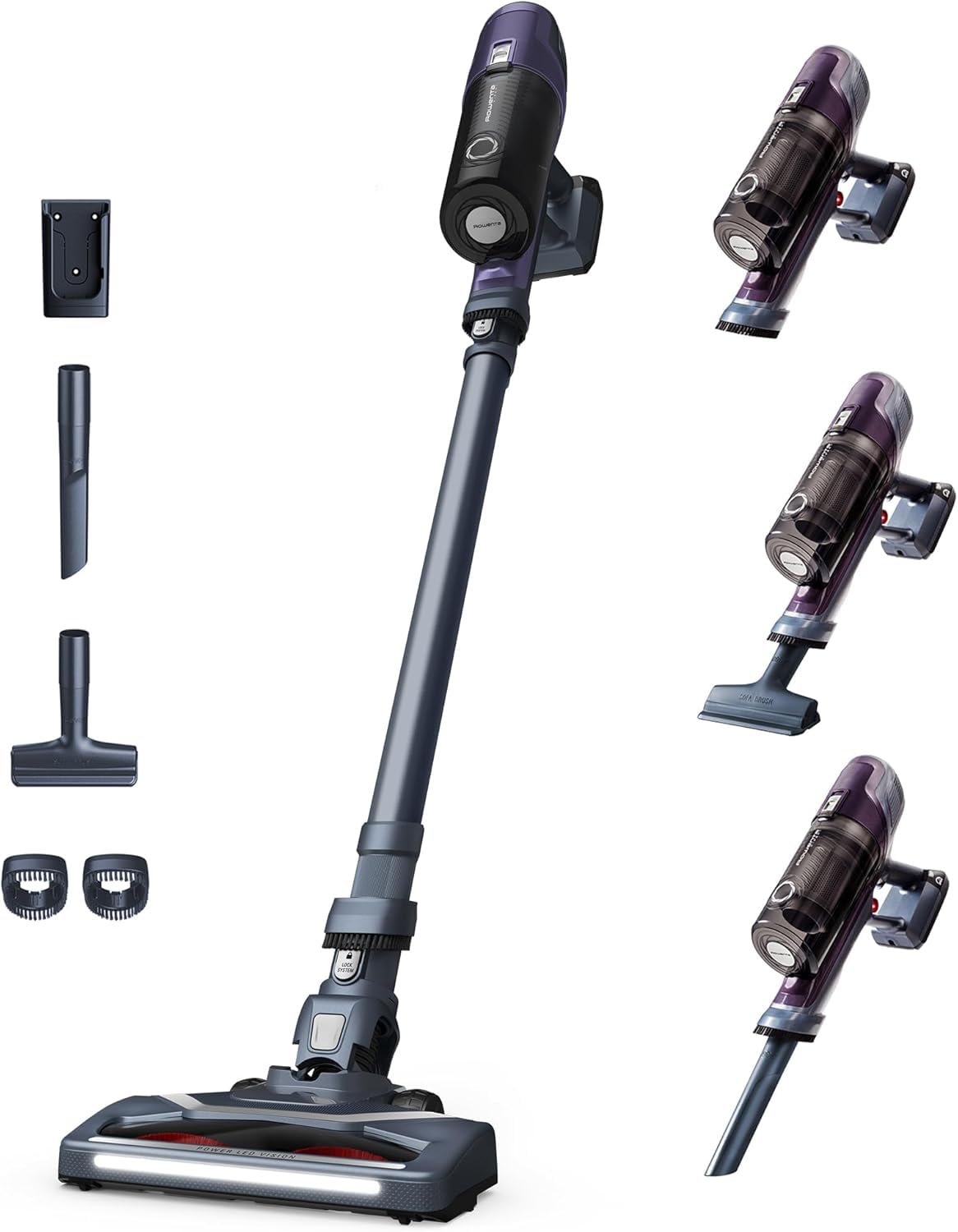 Rowenta X-Pert 6.60 Essential Akkustaubsauger, 100 W Leistung, 45 Min Laufzeit, kabellos & beutellos, LED-Bürstenkopf, herausnehmbarer Akku, inkl. Fugendüse und Wandhalterung, violett/schwarz, RH6838