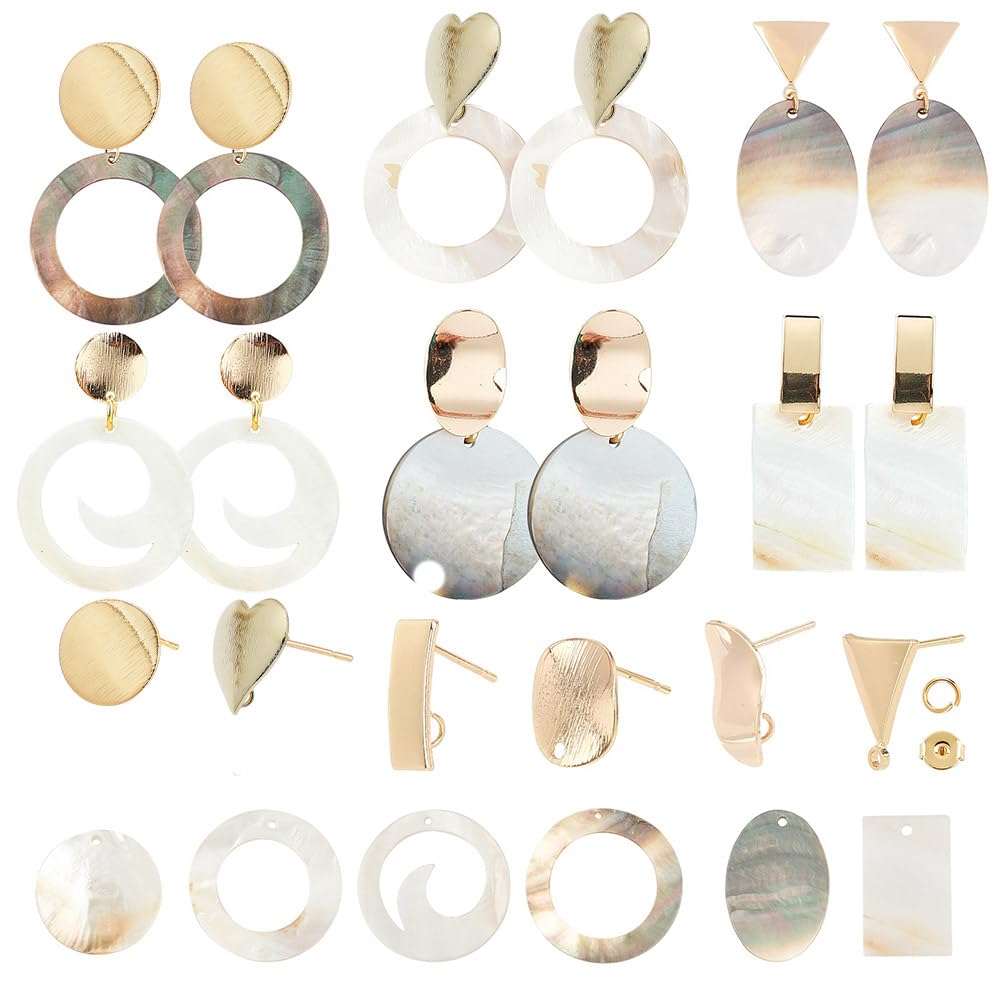 SUNNYCLUE 1 Box DIY 6 Pairs Geometric Statement Natural Freshwater Shell Dangle Earrings Making Kit Gold Stud Earrings Set Round Seahell Charm Pendants for Jewelry Making Supplies Craft