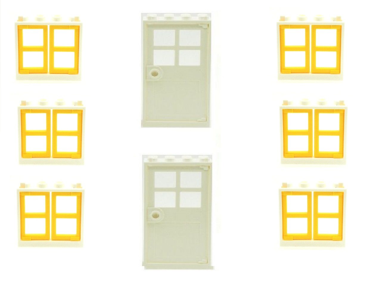 LEGO 6 White Window Frames with Yellow Panes and 2 White Doors (b