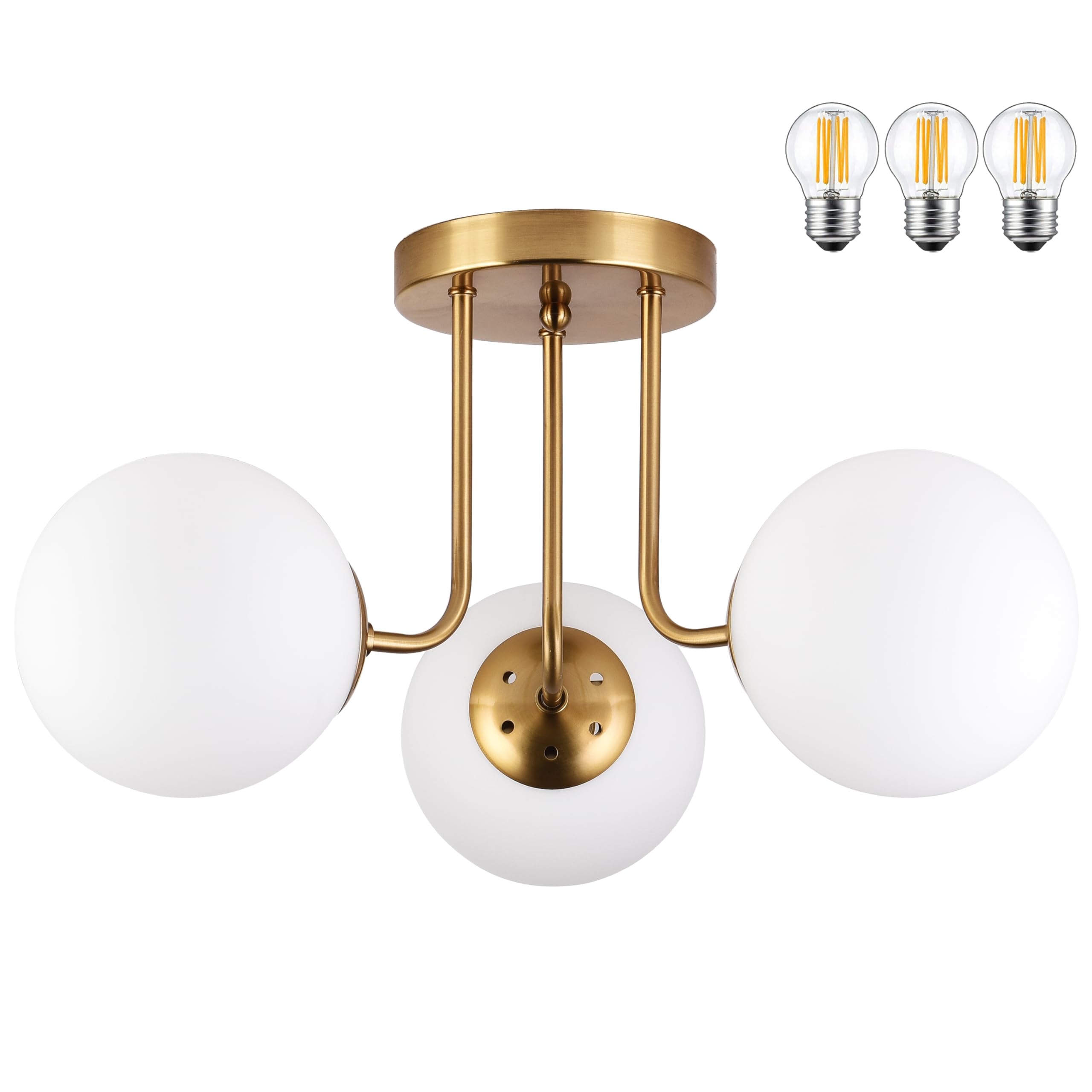 Photo 1 of KoKo&Yukina 3-Light Semi Flush Mount Ceiling Light Globe Ceiling Light Mid Century Ceiling Light with Opal Milk Glass Globe & Brushed Brass for Bedroom Hallway Entryway Kitchen Living Room-Bulb Incl