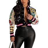 Womens Fashion Ribbed Long Sleeve Graffiti Print Button Casual Baseball Jacket Outwear