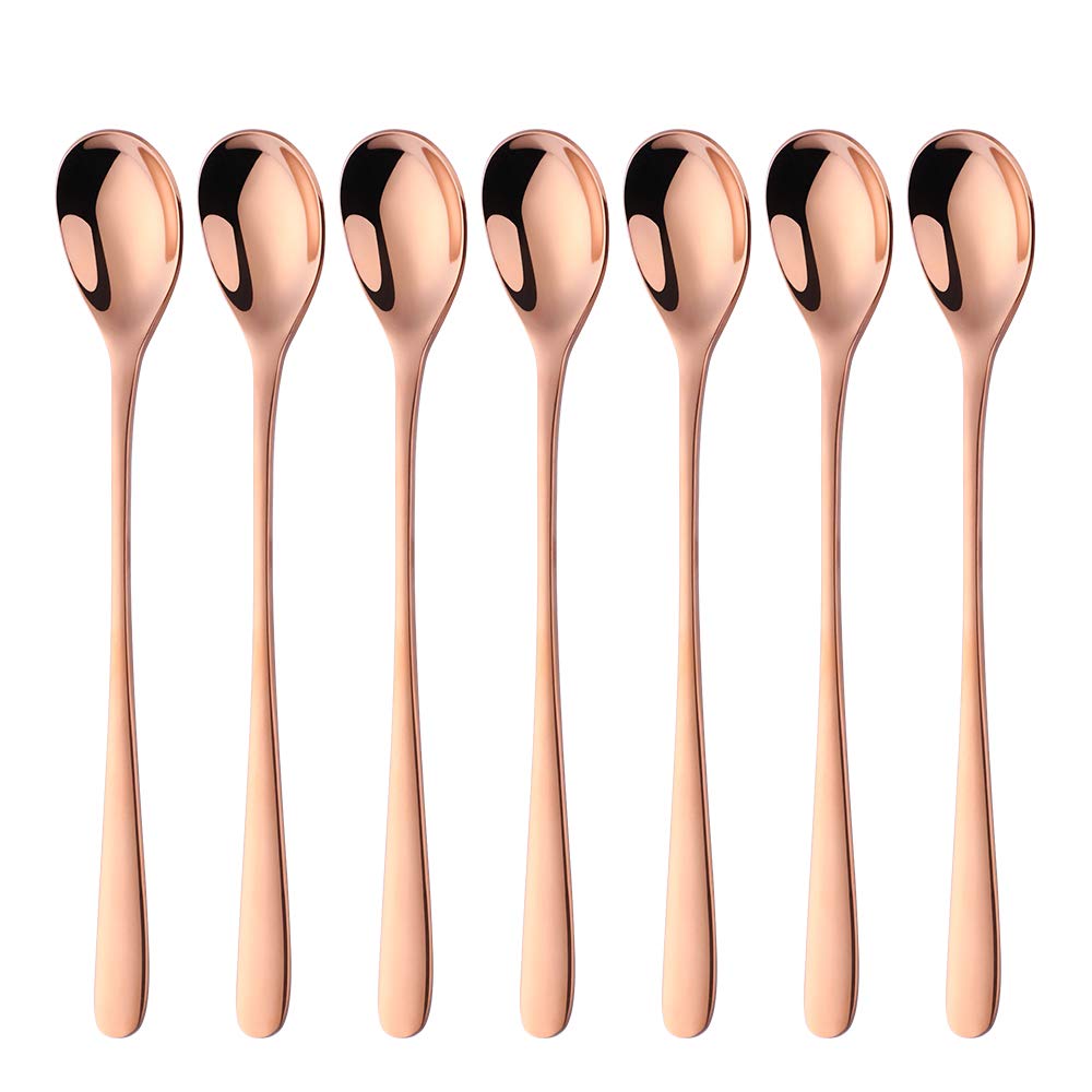 BISDARUN Latte Spoons Rose Gold Long Handle Teaspoons 18/10 Stainless Steel Spoons for Dessert Cocktail Ice Cream Sundae Coffee 8 Inch/20.5CM Set of 8