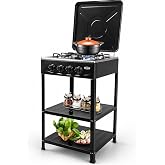 4 Burner Gas Stove Portable Outdoor Stove with Removable Storage Stand, Heavy Duty Stainless Steel Propane Gas Cooker with Wind Blocking Cover for Camping Picnic Home RV Cooking (no hose)