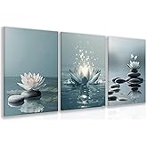 GELDSTEI Calm Zen Botanical Canvas Wall Art, White Lotus Blooming on Stones in Water Aesthetic Pictures, Yoga Spa Meditation Room Decor, Modern Spiritual Poster Prints for Zen Office Framed Set of 3, Each 12x16 Inch