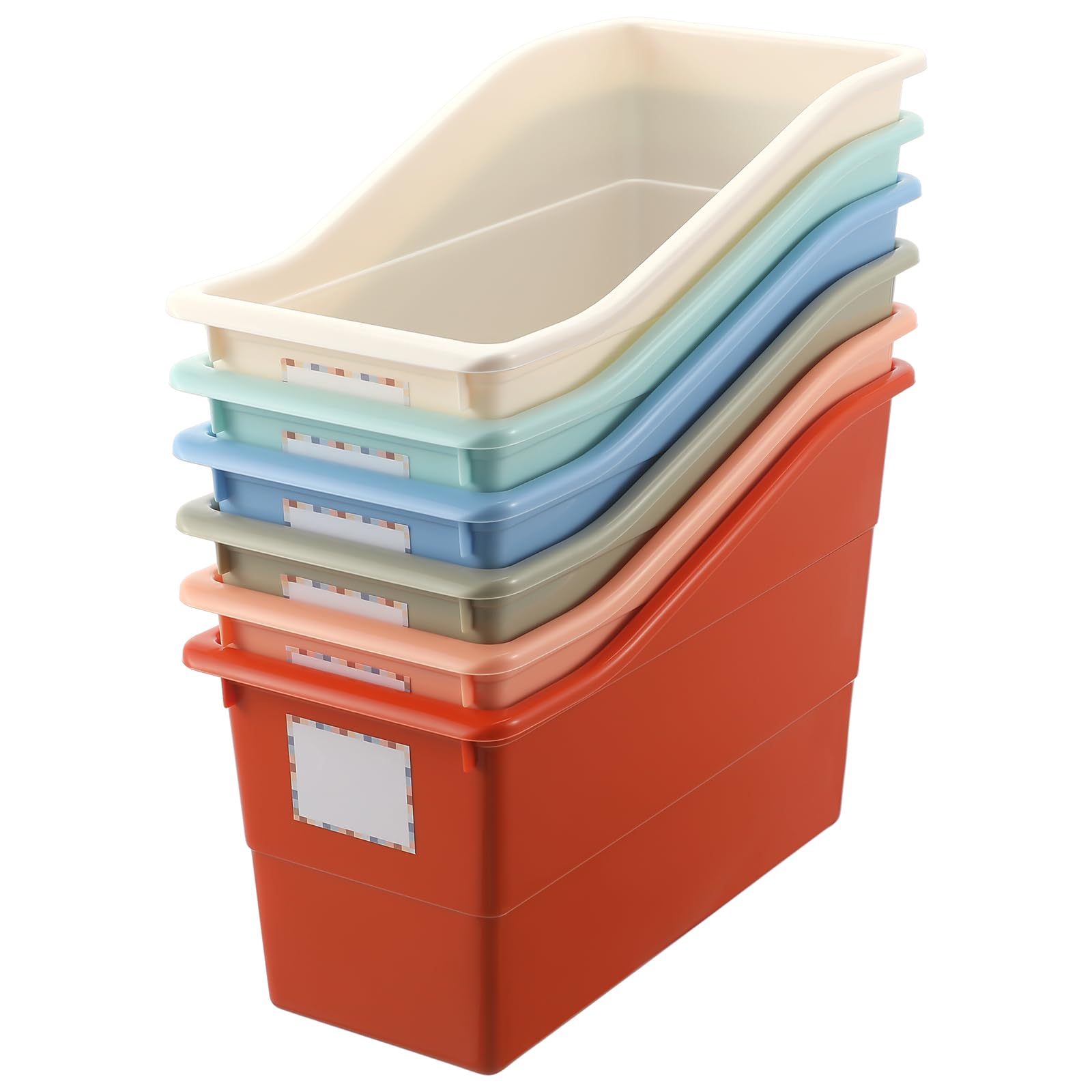 Photo 1 of Suzile 6 Pcs Book Storage Bins with Labels Plastic Boho Folder Magazine File Holder Interlocking for Office Classroom Home book Organizer Container (Classic Colors)