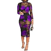 Women 3 Piece Outfits Set Sexy Mesh Sheer Ruched Dress Floral Print Long Sleeve Strap Top Skirt Club Party Midi Dress