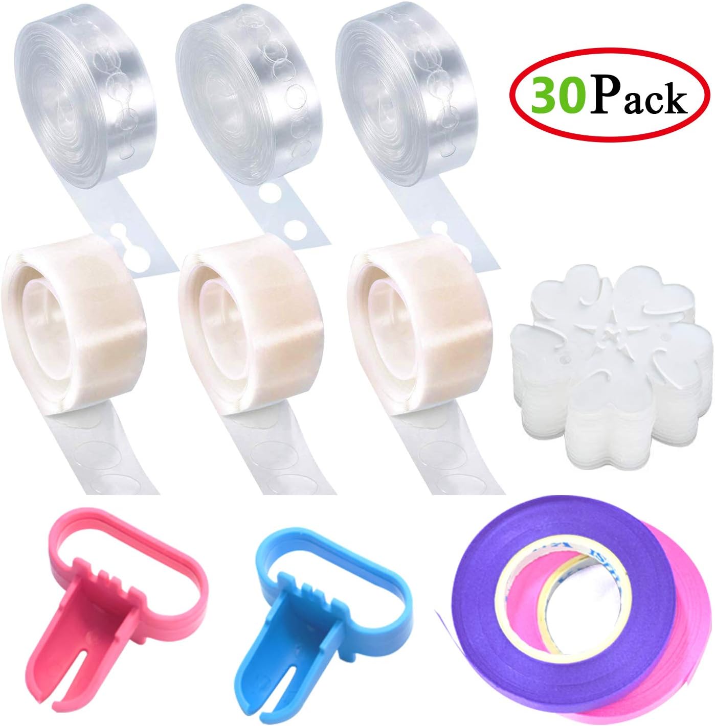 30-Pieces Balloon Decorating Strip Kit for Arch Garland - 3 Rolls Balloon Tape Strip, 3 Rolls 100 Dot Glue, 20Pcs Flower Clip, 2 Rolls Ribbon, 2Pcs Tying Tool for Wedding Party Baby Shower Decoration