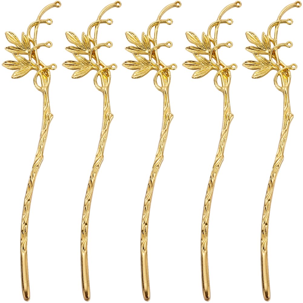 SUNNYCLUE 6Pcs Gold Alloy Bookmark Flower Hairpin Bookmarks Bulk Vintage Chinese Style Bamboo Leaves Metal Hair Sticks Hairpin Stripe Golden Classical Bookmarks for Crafting DIY Findings Handmade
