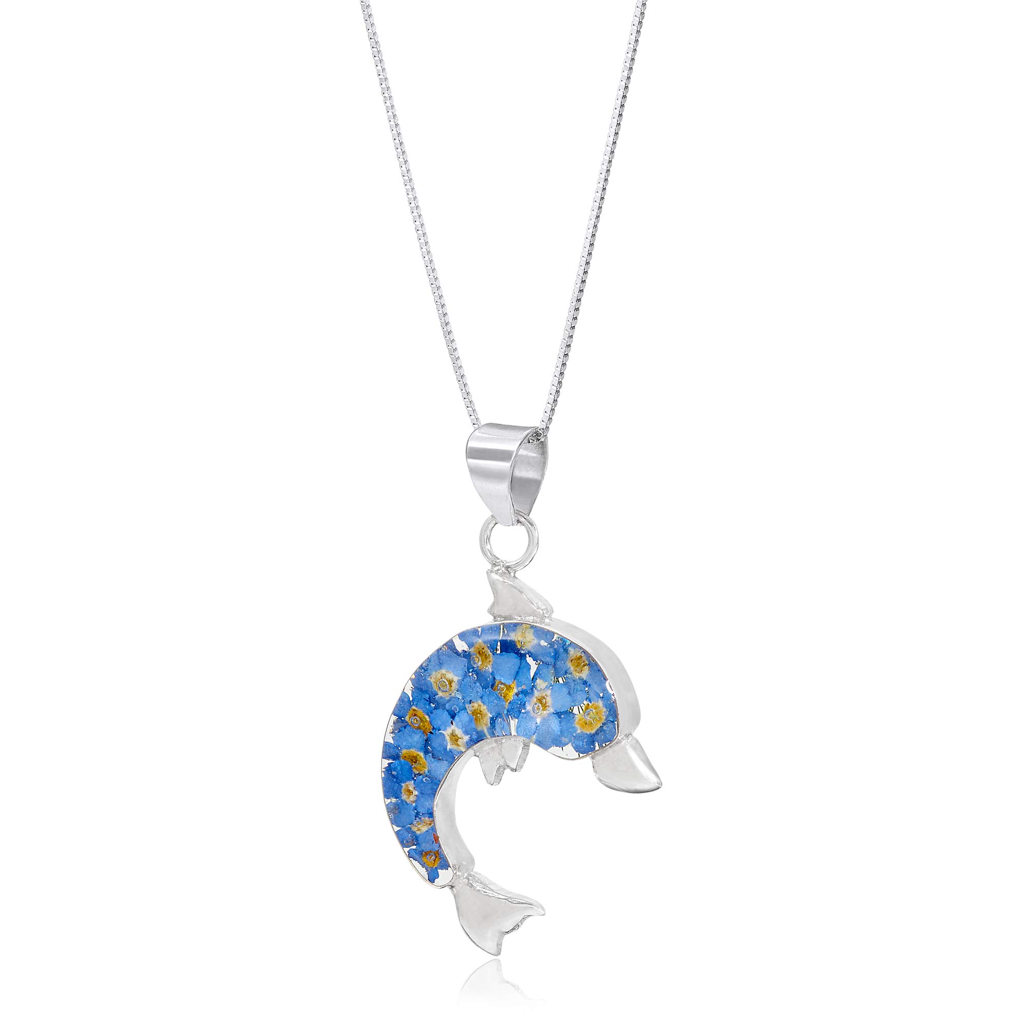 Shrieking Violet 925 Sterling Silver Dolphin Real Flower Pendant Necklace - Forget-Me-Not (Blue)