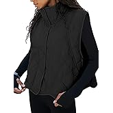 Misng Women Quilted Vest Stand Collar Sleeveless Lightweight Button Down Cropped Outerwear Wavy hem Coat with Pockets
