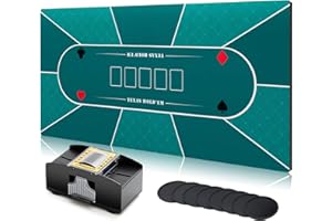 Poen Poker Table Top Foldable 70'' x 35'' Texas Holdem Poker Mat with 8 Coasters, Automatic Card Shuffler for 2 Deck, Carrying Bag, Card Table Top Layout for Blackjack, Game Nights up to 10 Players