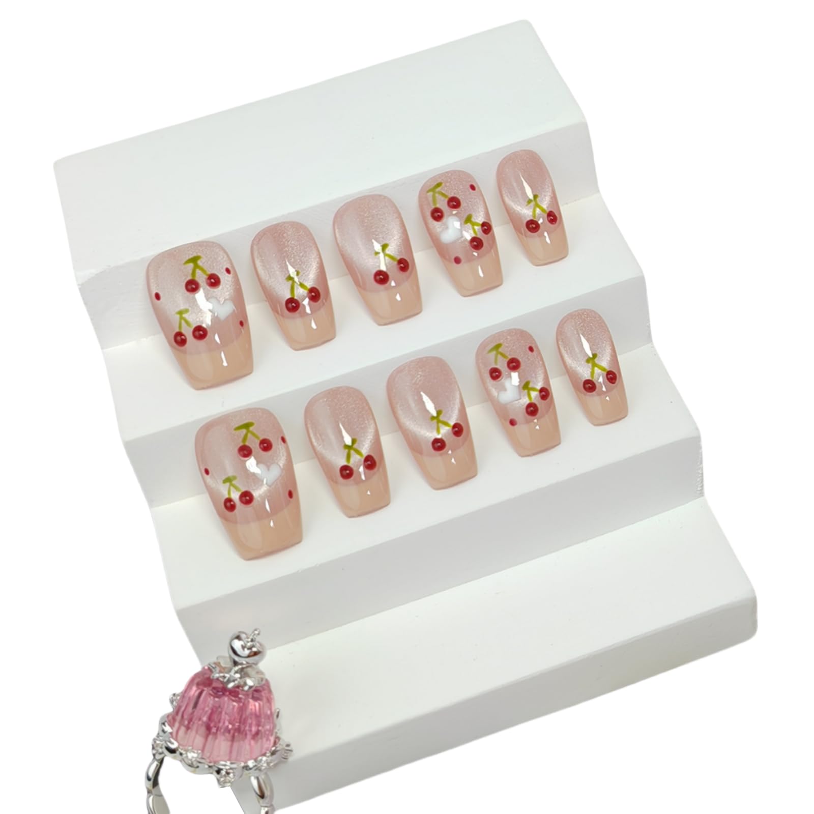 Photo 1 of Medium Square Press on Nails Cat Eye Handmade False Nails with Designs, French Tip Short Coffin Reusable Fake Nails (Pink Cherry#Medium)