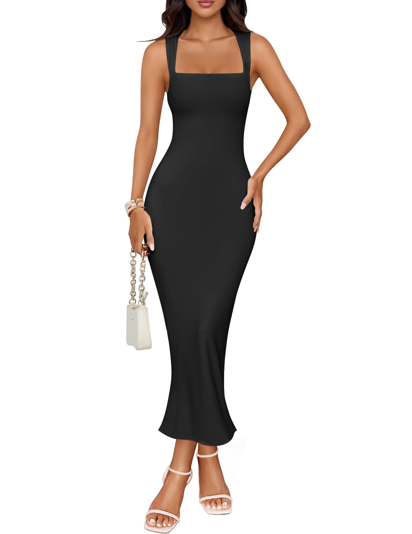 Photo 1 of ZESICA Women's Summer Bodycon Midi Dress Sleeveless Square Neck Slim Fit Back Slit Long Cocktail Party Dresses,Black,Medium