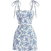 WDIRARA Women's 2 Piece Outfit Floral Print Tie Shoulder Cami Top and Split Hem Skirt Set