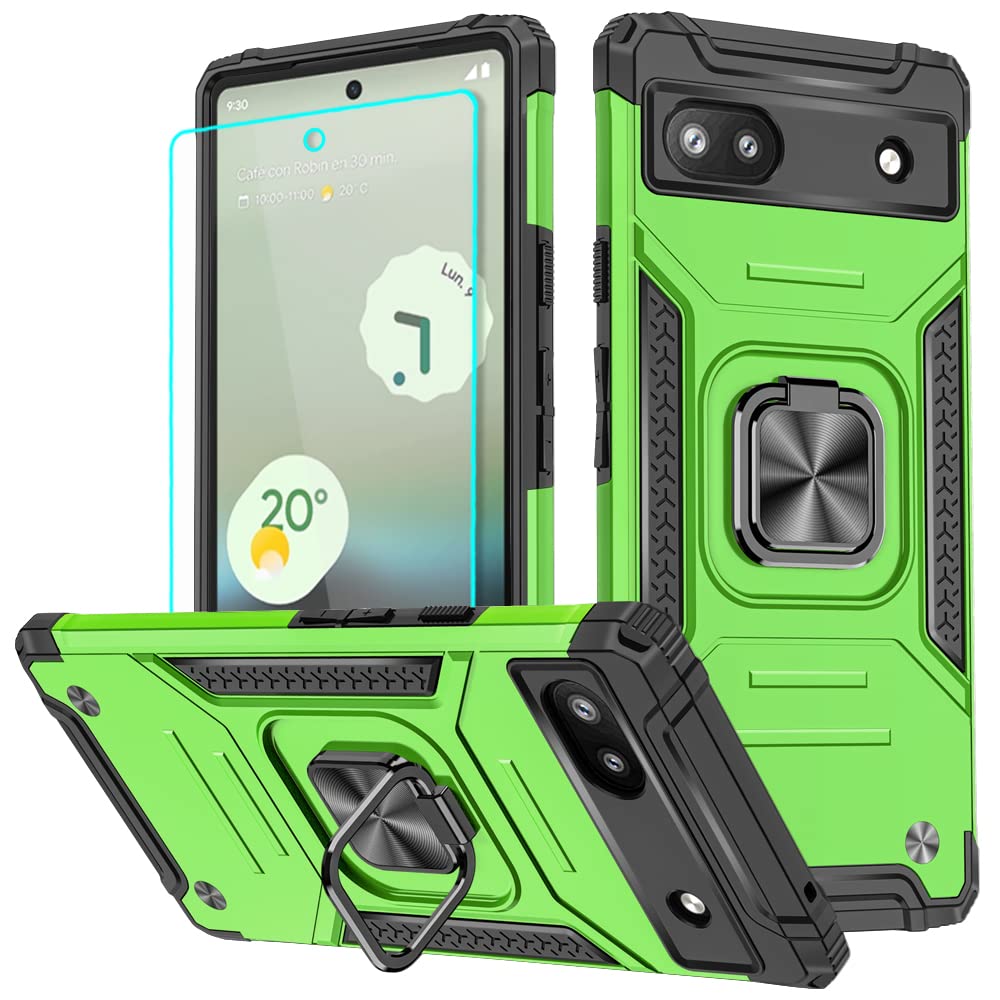 For Google Pixel 6A Case with Screen Protector, 360°Military Grade Rotatable Kickstand Hard Rubber Bumper [Shockproof] Protective Cover Case for Google 6A (Green)