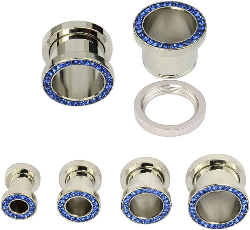 Tunnel Plug Stainless Steel Sapphire Blue CZ Gem Rimmed Screw Fit Ear Flesh Plugs Earlet - Pair