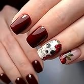 Halloween Press on Nails Skeleton Square Fake Nails with Flowers Designs Red Glossy Acrylic Nails Full Cover Halloween Skull Stick on Nails for Women Nails Manicure Decoration 24 Pcs
