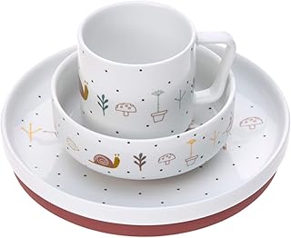LÄSSIG Geschirrset Porzellan Kindergeschirrset Teller Schüssel Tasse mit Silikonring rutschfest Kindergeschirr/ Garden Explorer girls
