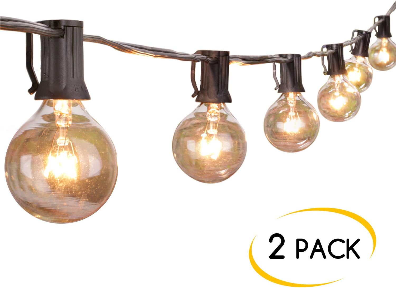 Brightown Outdoor String Lights-2 Pack 25Ft G40 Globe Patio Lights with 26 Edison Glass Bulbs(1 Spare), Waterproof Connectable Hanging Light for Backyard Porch Balcony Decor, E12 Socket Base, Black - - 