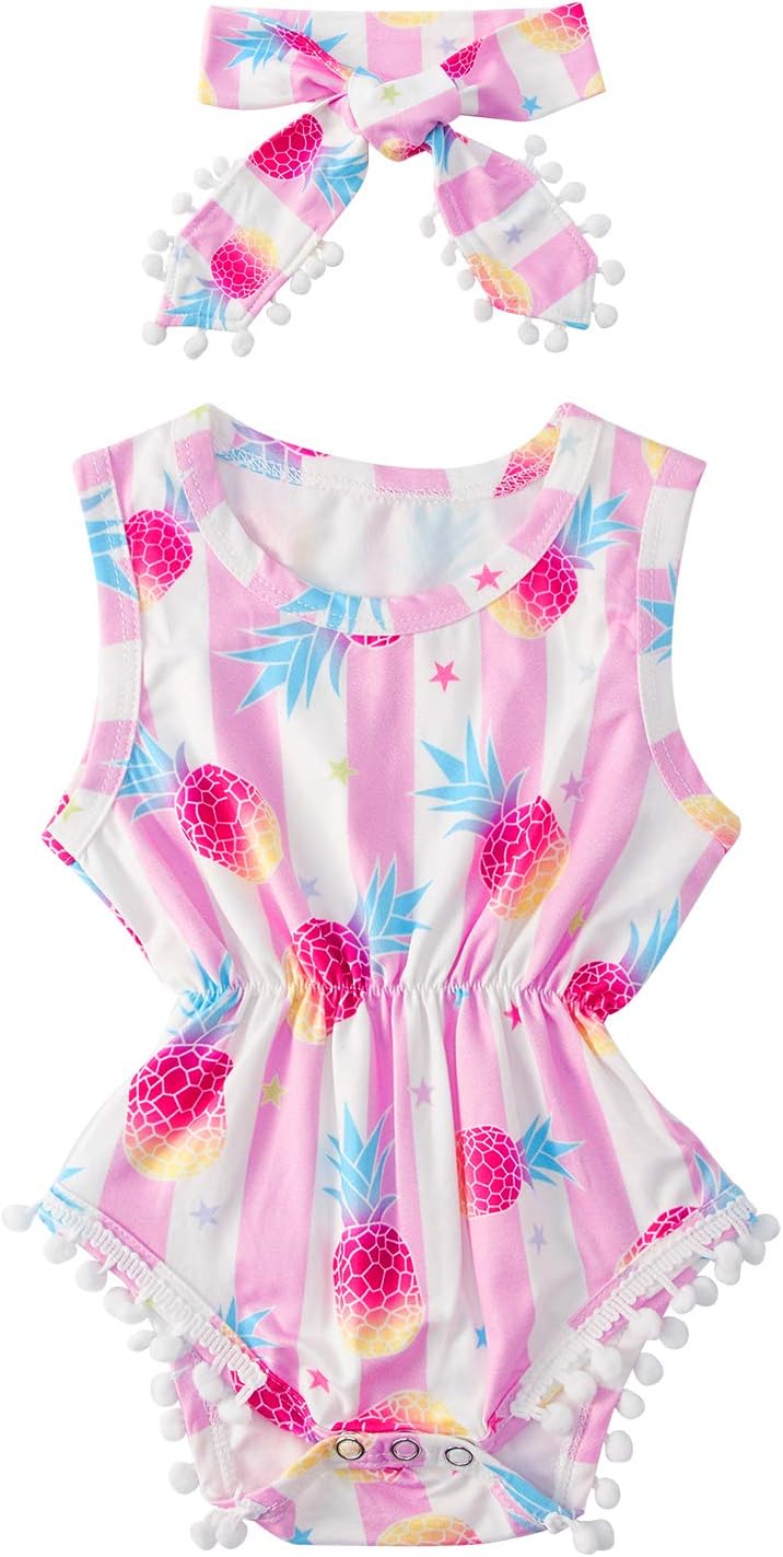 Ahegao Baby Girls Floral Jumpsuit Infant Romper Toddler Playsuits + Headband Outfits for 0-24 Months