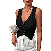 SweatyRocks Women's Asymmetrical Hem Button Front Crop Vest Blazer V Neck Sleeveless Crop Tank Top for Women
