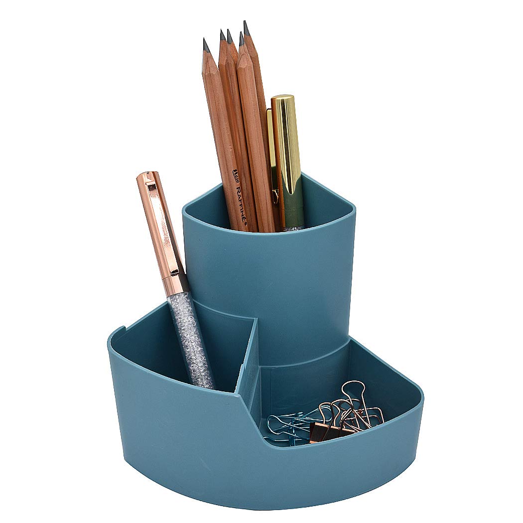 SIPLIV Plastic Pencil Holder Pen Containers, Multifunctional 3 Compartments Storage Box Makeup Brush Holder Pen Cup Desk Organizer Office Supplies Organizer, Blue